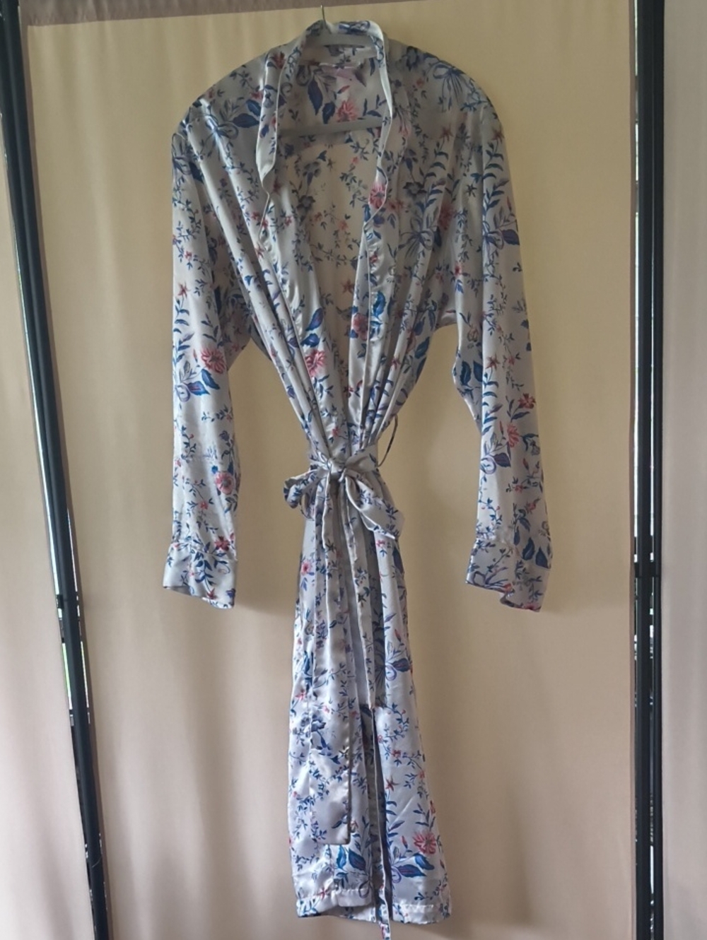 La Mouette Satin Wrap Robe with Blue & Pink Floral Print Size S